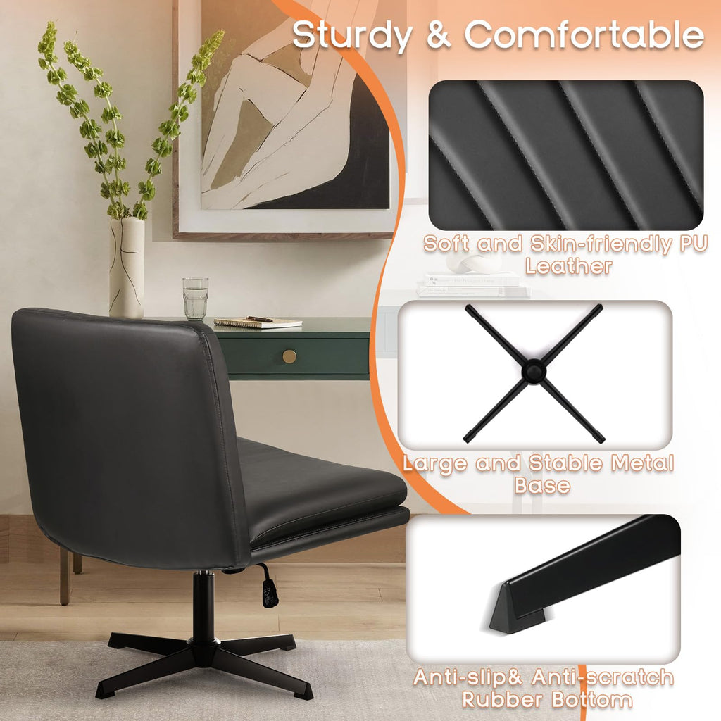 Criss Cross Chair, Armless Cross Legged Office Desk Chair No Wheels, Fabric Padded Modern Swivel Height Adjustable Mid Back Wide Seat