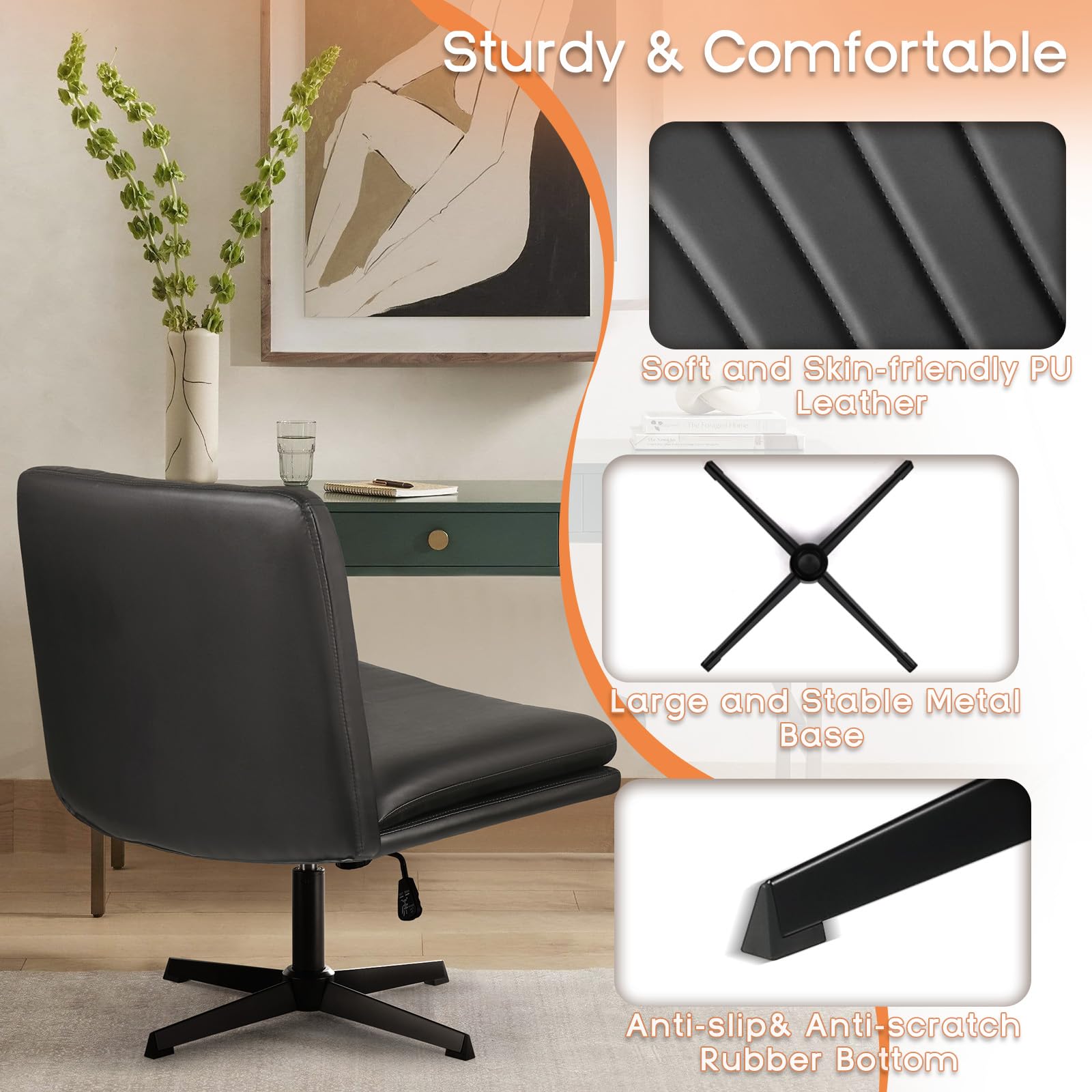 Criss Cross Chair, Armless Cross Legged Office Desk Chair No Wheels, Fabric Padded Modern Swivel Height Adjustable Mid Back Wide Seat