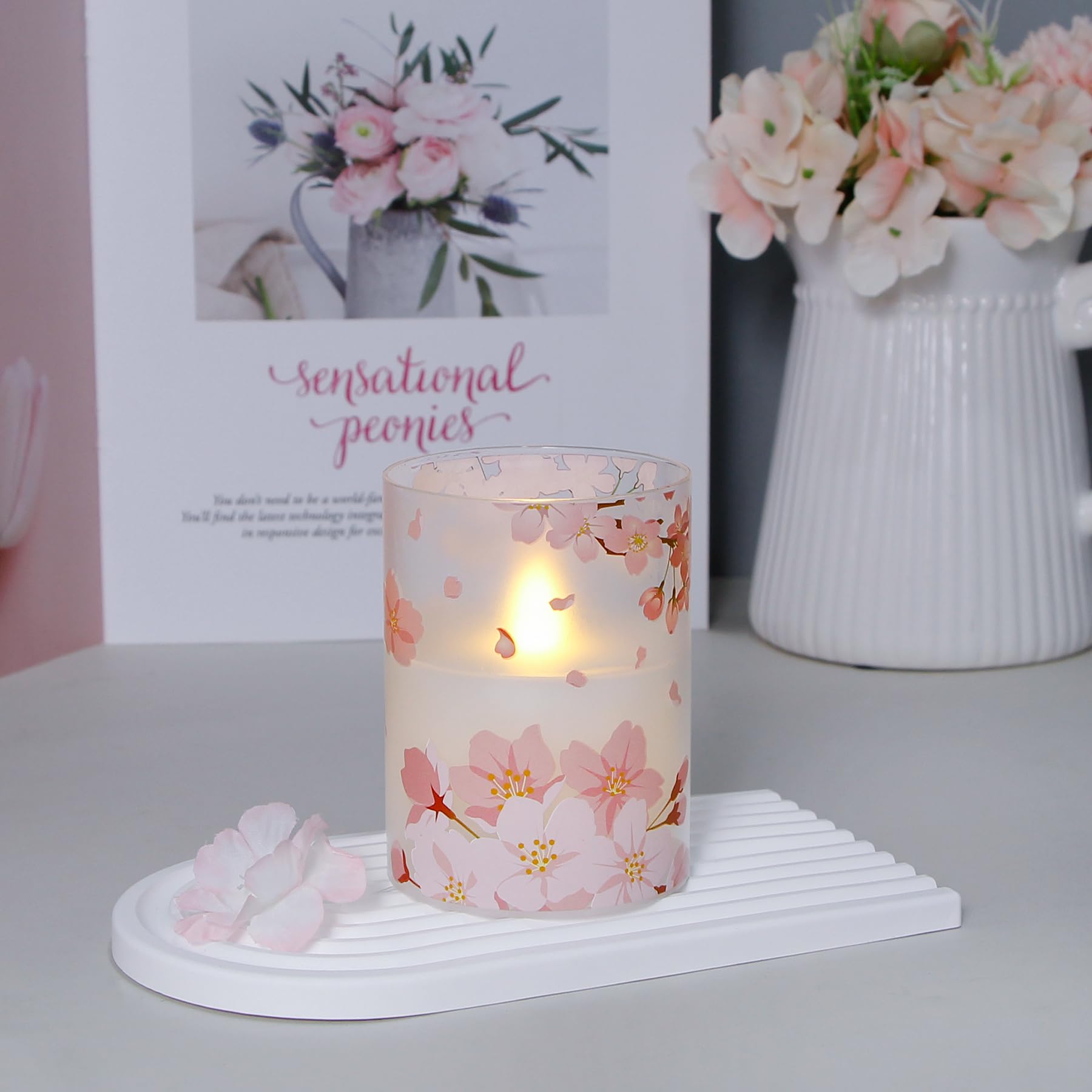 Cherry Blossoms LED Battery Operated Real Wax Set of 3 Realistic Wick Electric Pillar Candles,Warm Fire(3 x 4, 5, 6 Inches)