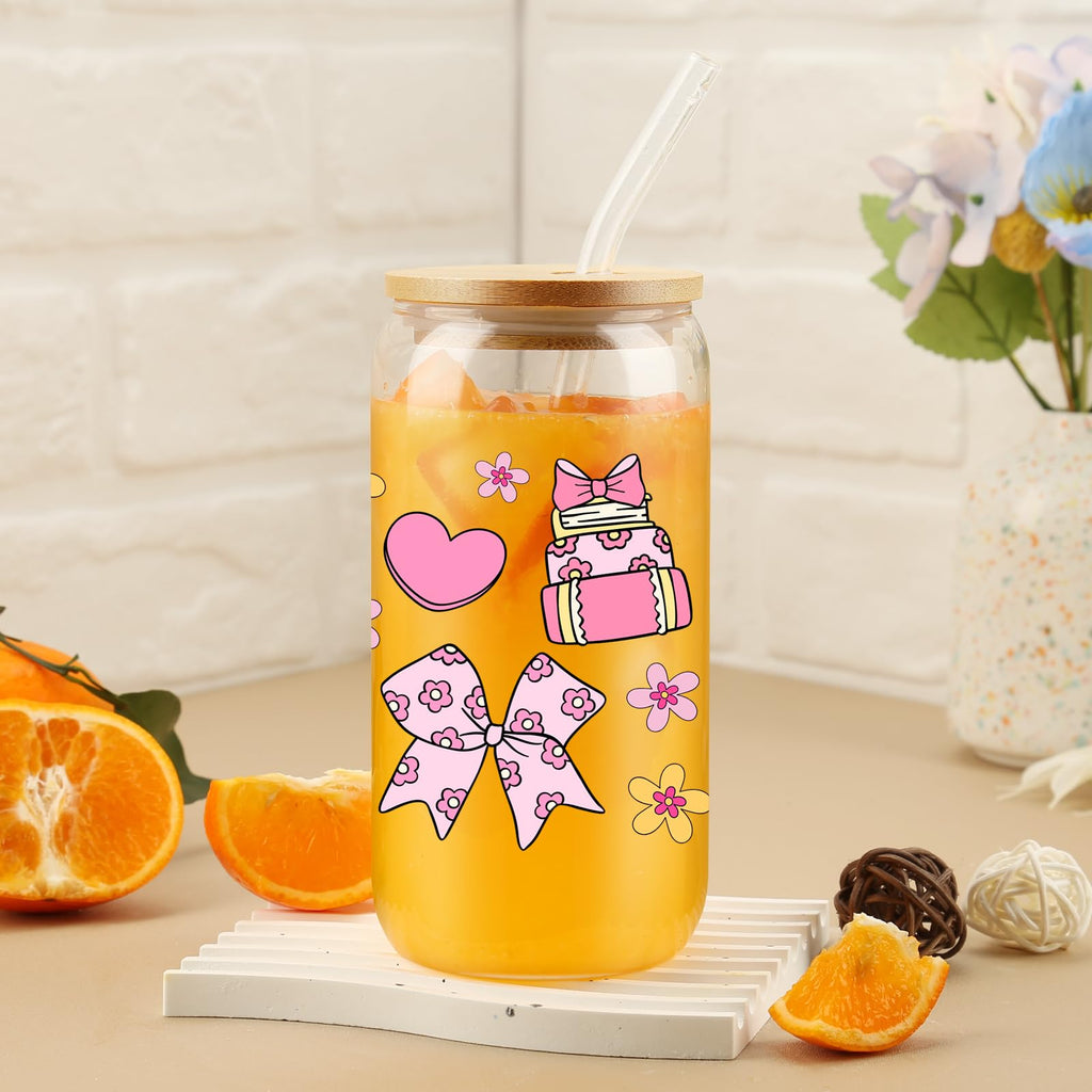 Cherry Bow Cup, Birthday Gifts for Women, Girly Gifts for Her, Sister, Mom, Colleague - 16 OZ Glass Tumbler with Straw & Lid, Coquette Iced Cup