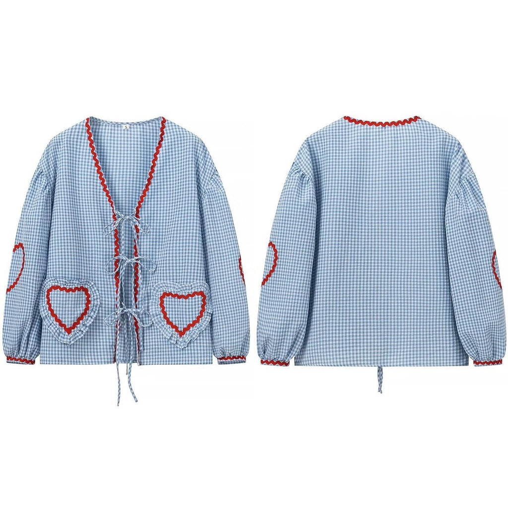 Tie Front Tops for Women Gingham Babydoll Bow Top Puff Sleeve Coquette Tops Heart Long Sleeve Cute Spring Tops