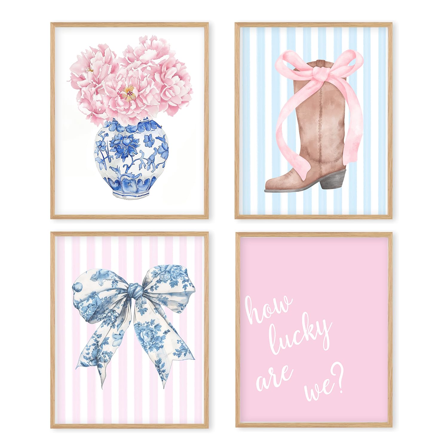 Porcelain Chinoiserie Posters Bow Wall Prints Unframed, 8x10 Blue Print Set Of 4, Pink Bow Coquette Room Decor