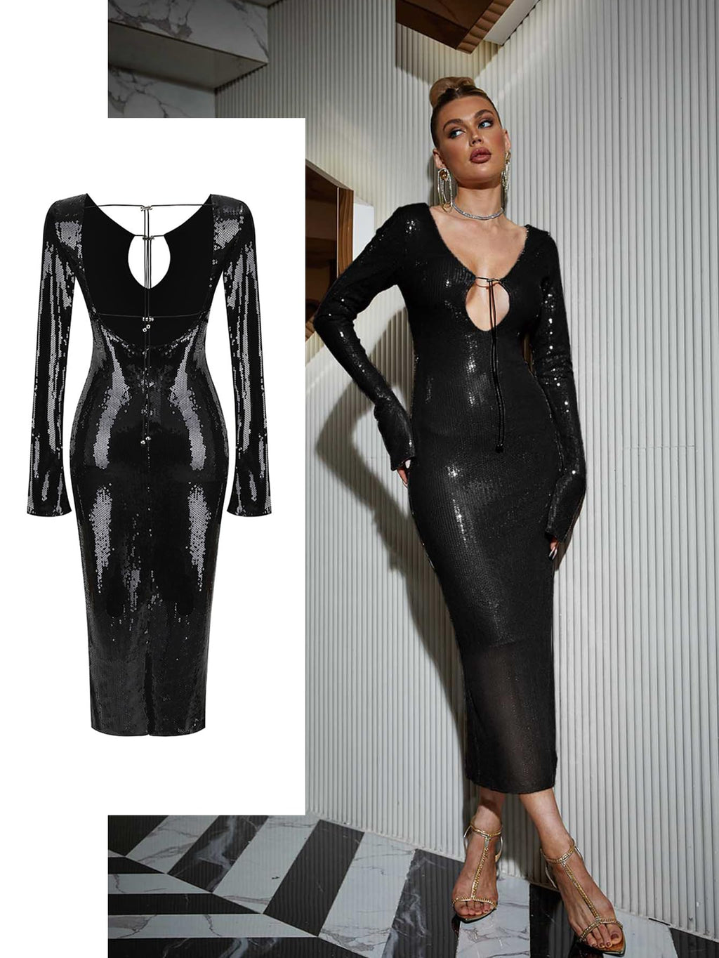 Deep V Dress with Drawstring Long Sleeve Sequin Dress for Women Long Gown