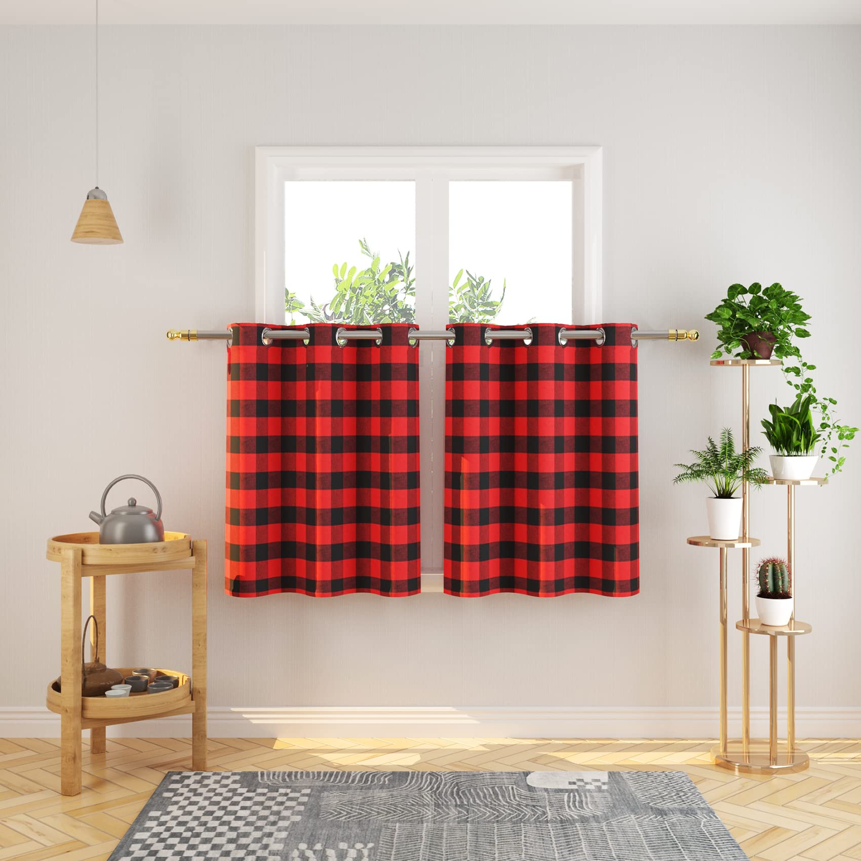 Tier Curtains Check Gingham Plaid Window Curtain Panels Bathroom Grommet Top Window Treatment 2 Panels