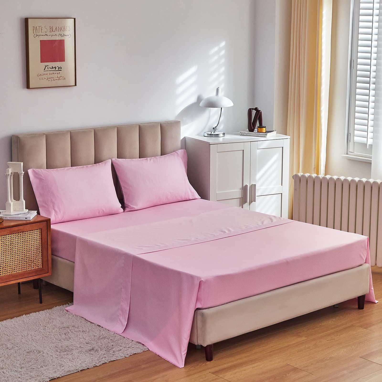 Flower Comforter Sheet Set White Bed in a Bag 7 Pieces Size, Pink Floral Microfiber Bedding Set (1 Comforter 2 Pillow Shams 1 Flat Sheet 1 Fitted Sheet 2 Pillowcases)