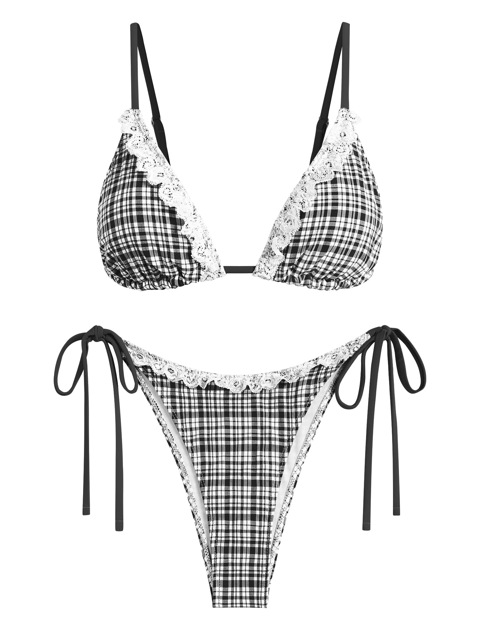 Women's Triangle Bikini Lace Frilled Ruffles Gingham Print Tie Side Spaghetti Strap 2 Pieces Bikini Swimsuit