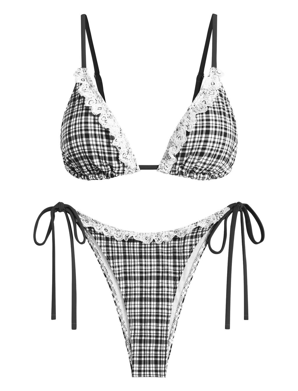 Women's Triangle Bikini Lace Frilled Ruffles Gingham Print Tie Side Spaghetti Strap 2 Pieces Bikini Swimsuit