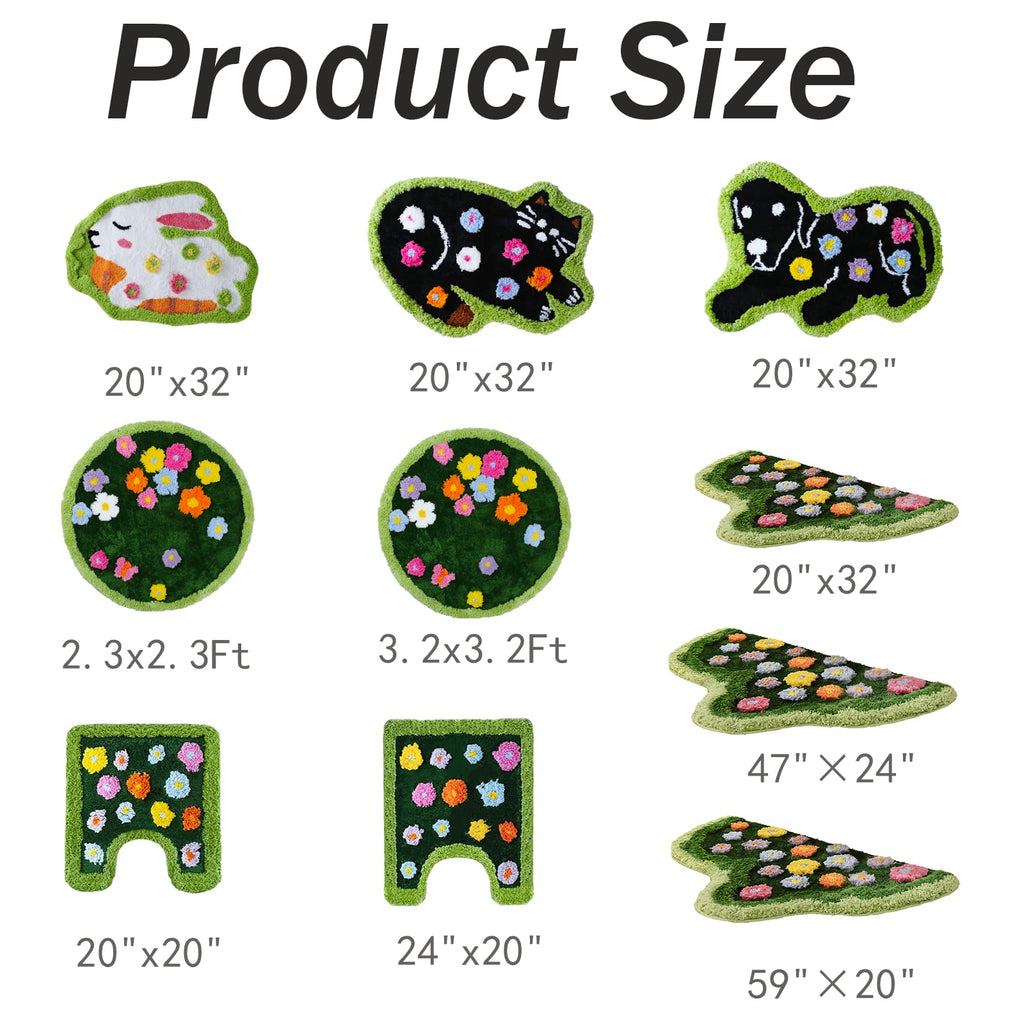 Moss Green Toilet Rugs, Luxury Tufted Extra Thick U-Shaped Toilet Rug,Cute Flower Green Moss Bath Mat Non Slip - Washable Water Absorbent Shag Bathroom Rugs for Bath