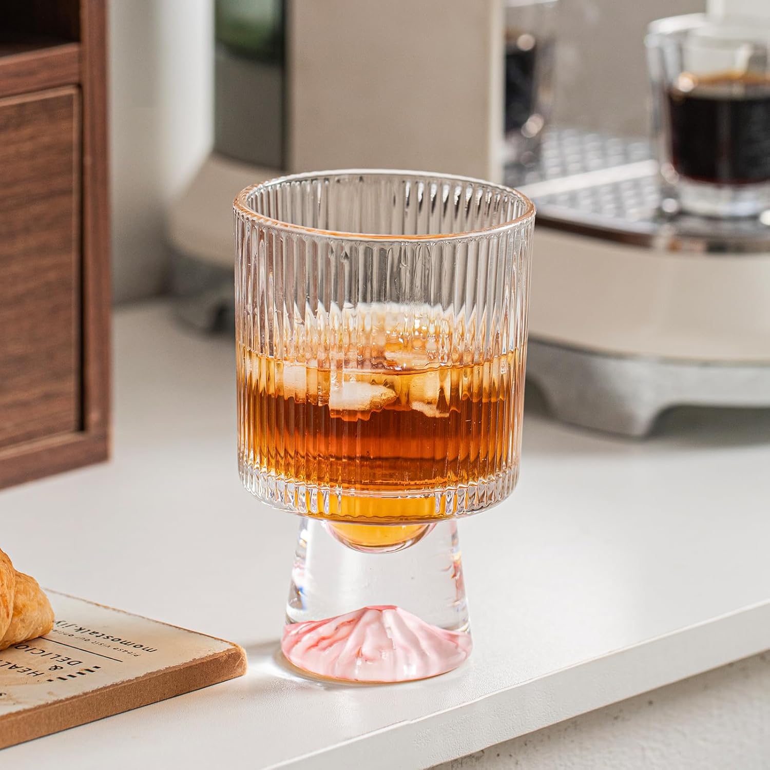 Durable Glass 4-Piece Clear Ribbed Cocktail Glasses, 12oz Featuring a Stabilizing Conical Base with a Pink Ombre Finish