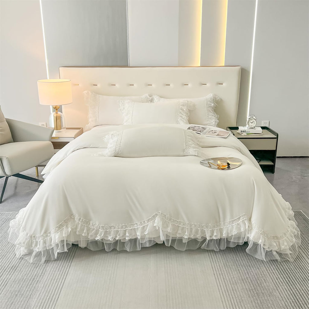Chic Ruffle Lace Polyester Duvet Cover Set -Bedding-2 Piece Duvet Cover with Zipper Closure -Ultra Soft and Light Weight