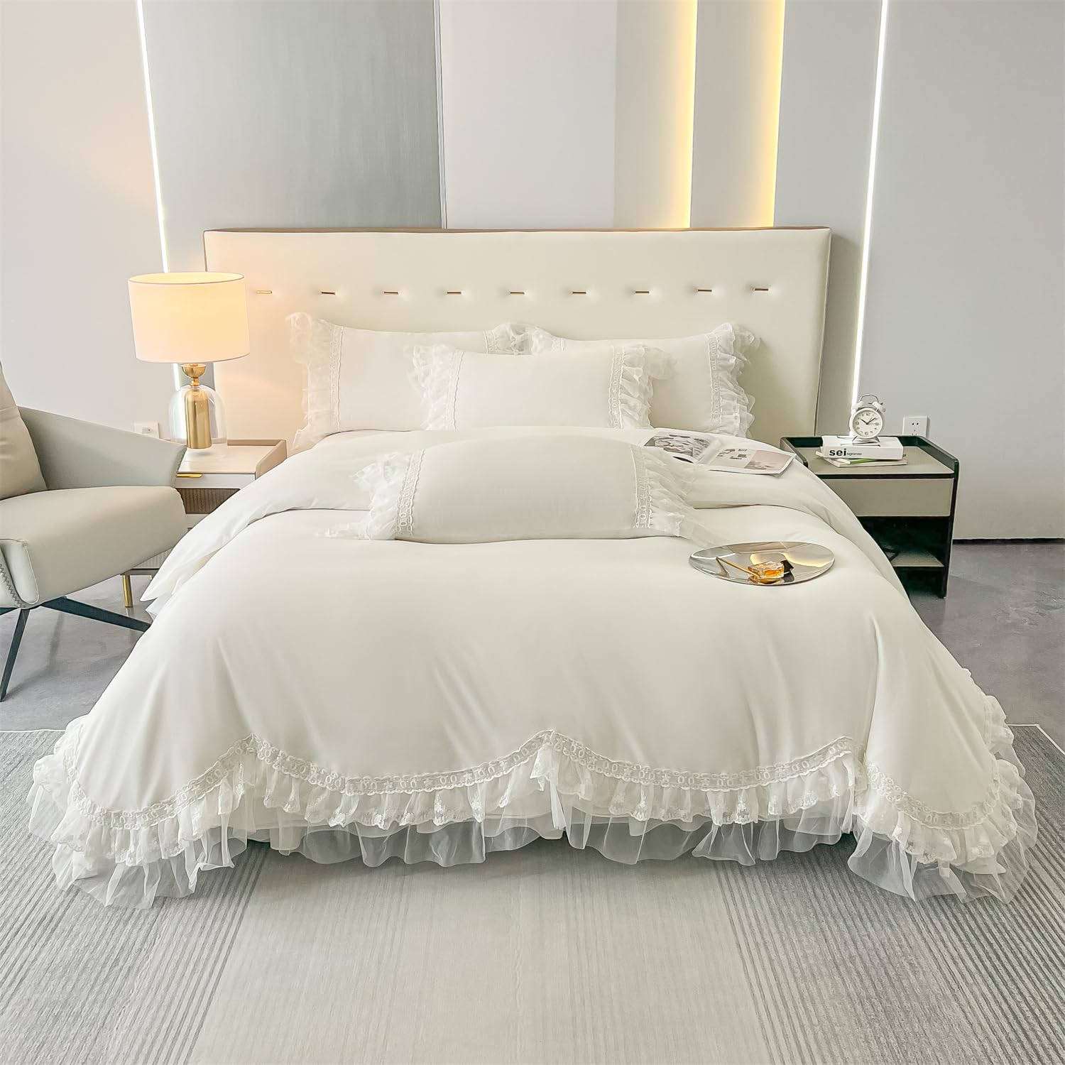 Chic Ruffle Lace Polyester Duvet Cover Set -Bedding-2 Piece Duvet Cover with Zipper Closure -Ultra Soft and Light Weight