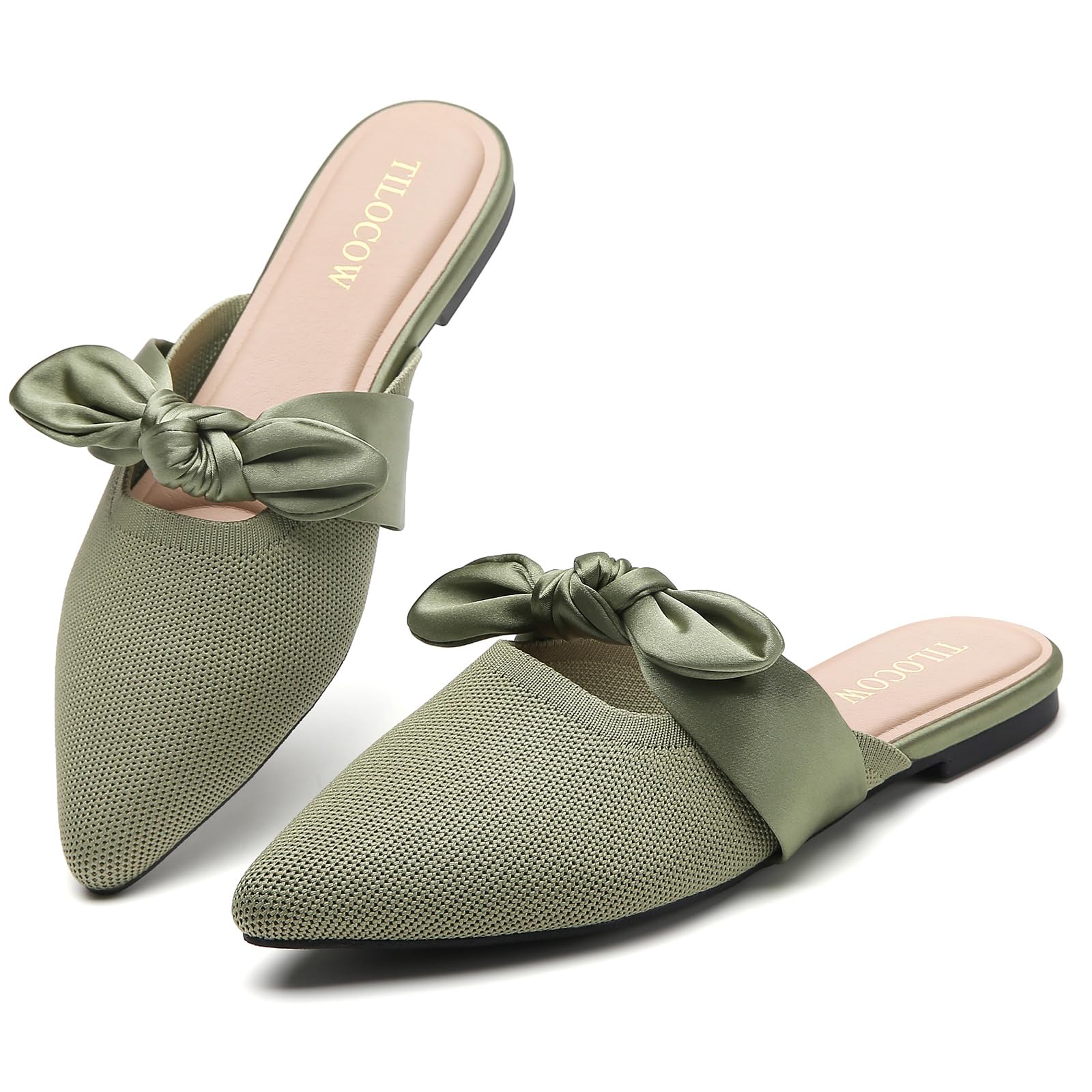 Knotbow Mules for Woman Pointed Toe Flats Bow Mules Slip On Slides Flats Shoes Women Dressy Comfortable