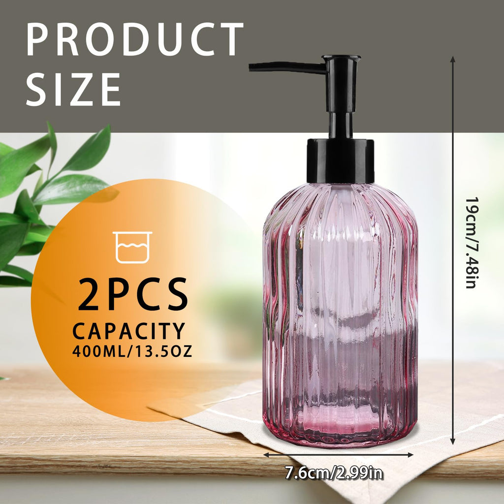 Pink Clear Glass Soap Dispenser 13 Oz/400ml, Striped Transparent Liquid Hand Soap Dispenser for Kitchen & Bathroom
