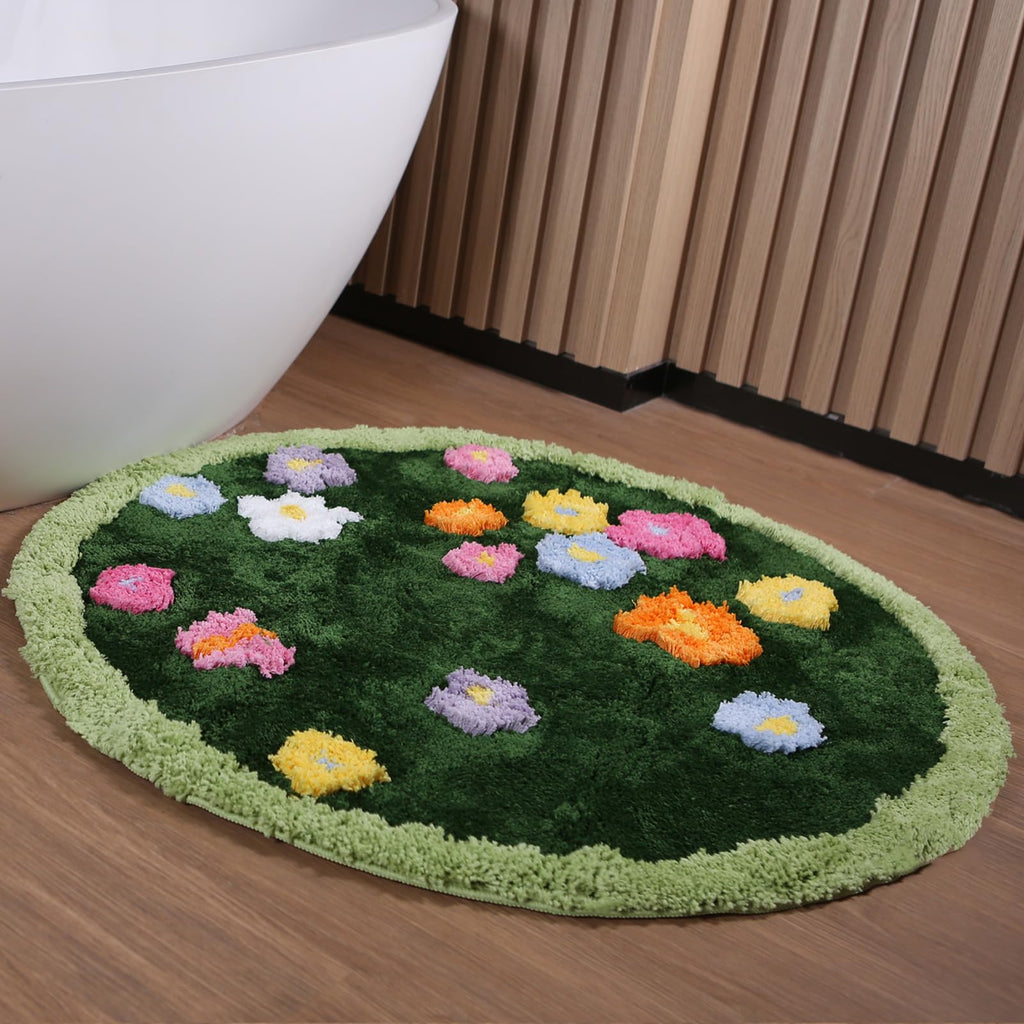 Moss Green Toilet Rugs, Luxury Tufted Extra Thick U-Shaped Toilet Rug,Cute Flower Green Moss Bath Mat Non Slip - Washable Water Absorbent Shag Bathroom Rugs for Bath