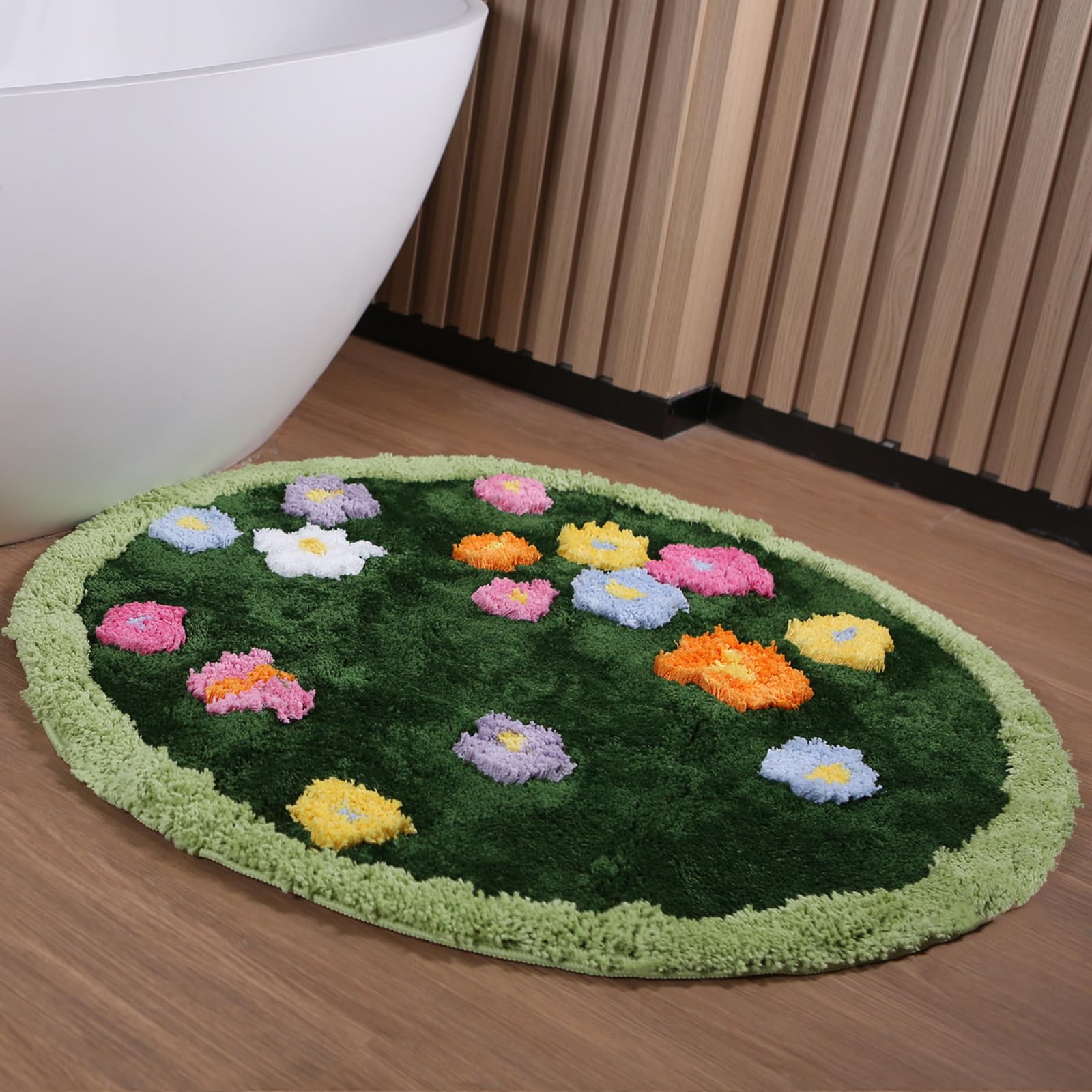 Moss Green Toilet Rugs, Luxury Tufted Extra Thick U-Shaped Toilet Rug,Cute Flower Green Moss Bath Mat Non Slip - Washable Water Absorbent Shag Bathroom Rugs for Bath