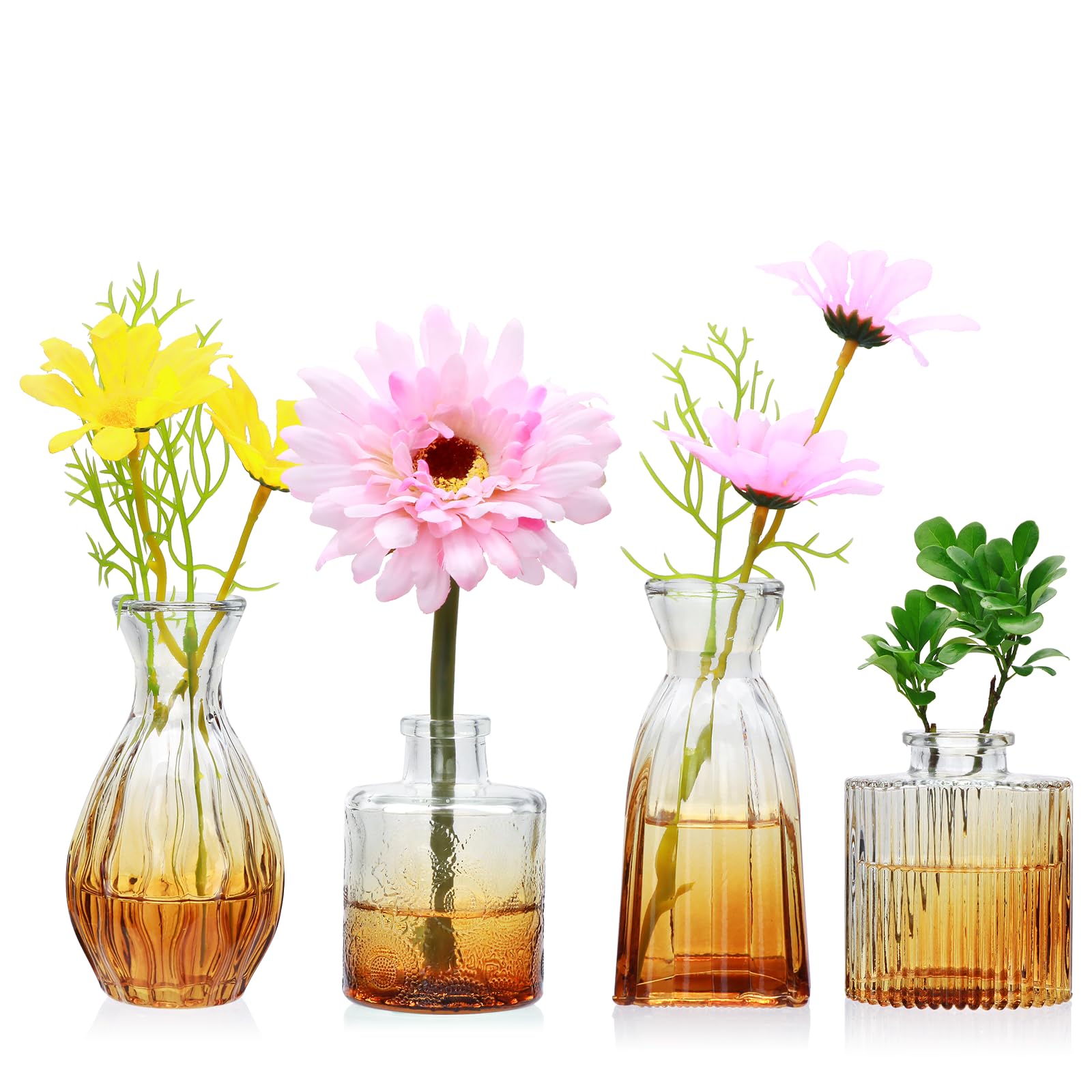 Glass Bud Vases Set of 4, Small Flower Vases for Wedding Centerpiece Vintage Embossed Mini Vases