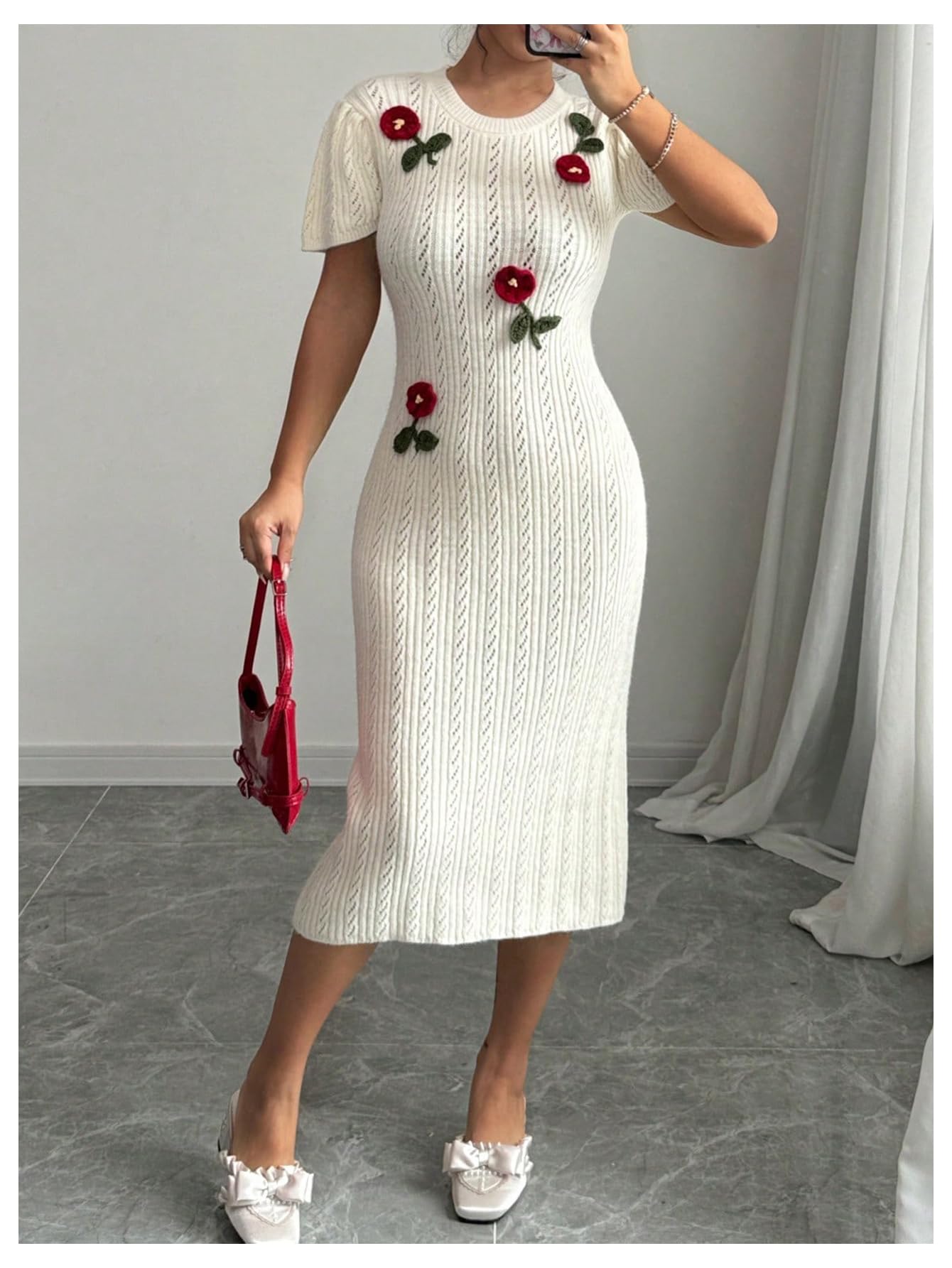 Women's 3D Flower Sweater Dress Crochet Short Sleeve Bodycon Mini Dresses