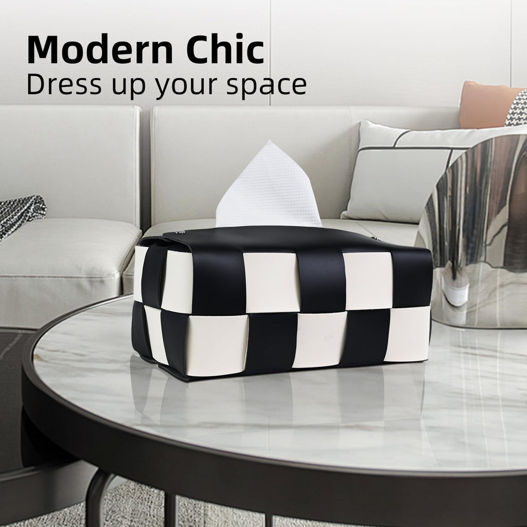 PU Leather Tissue Box Holder with Metal Buckle, Checkered Tissue Box, Decorative Organizer