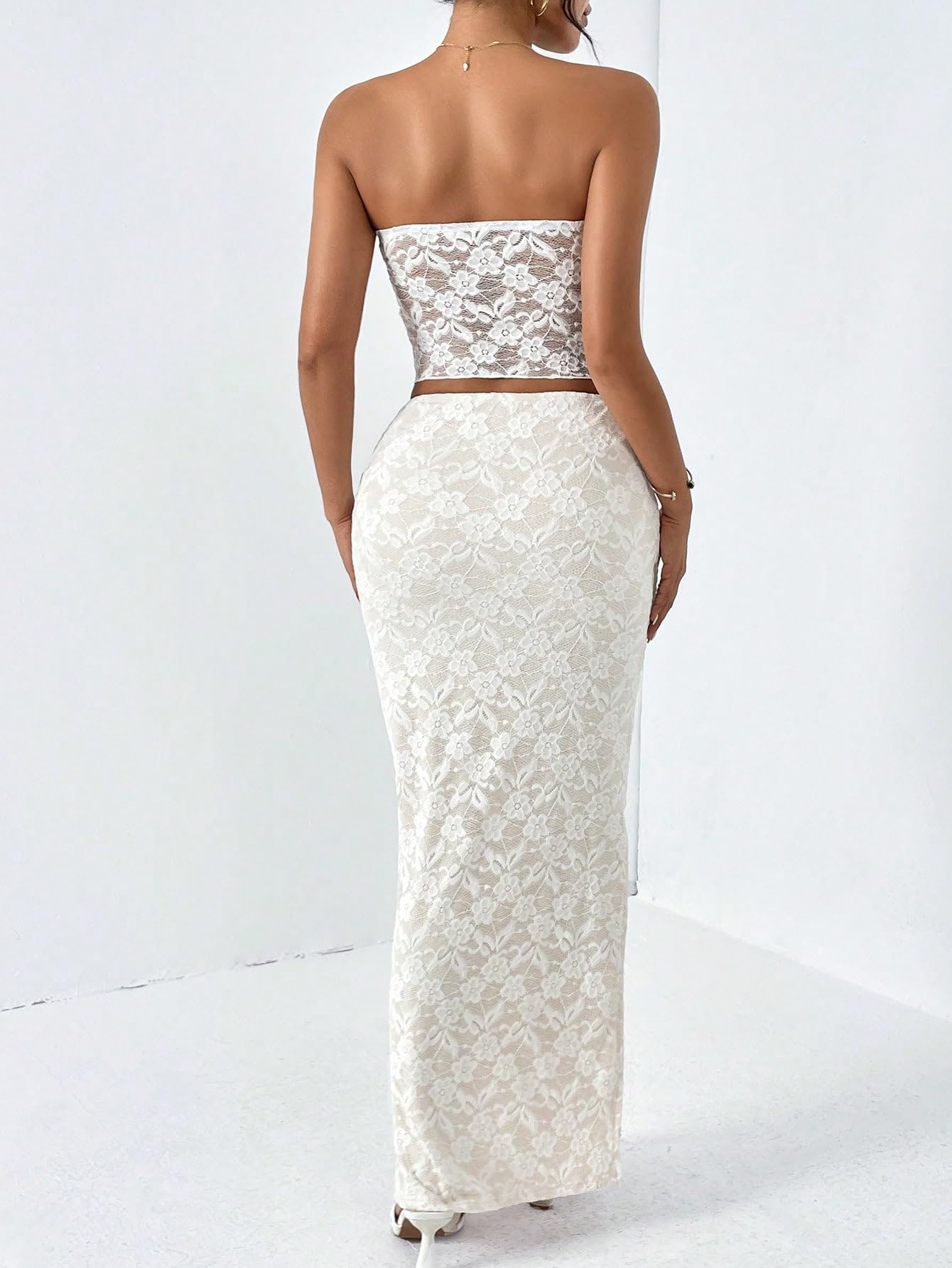 Women's 2 Piece Skirt Sets Lace Strapless Bandeau Tube Top and Bodycon Long Maxi Skirt Outfits