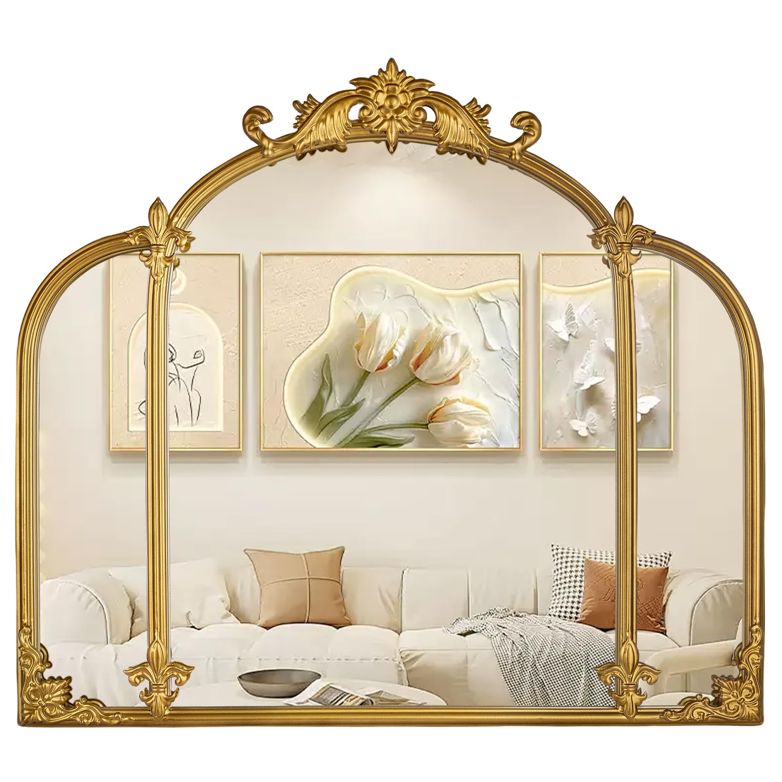 Gold Arch Wall Mirror, Vintage Ornate Baroque Mirror with Metal Frame, Decorative Vanity Mirror 24"x22"