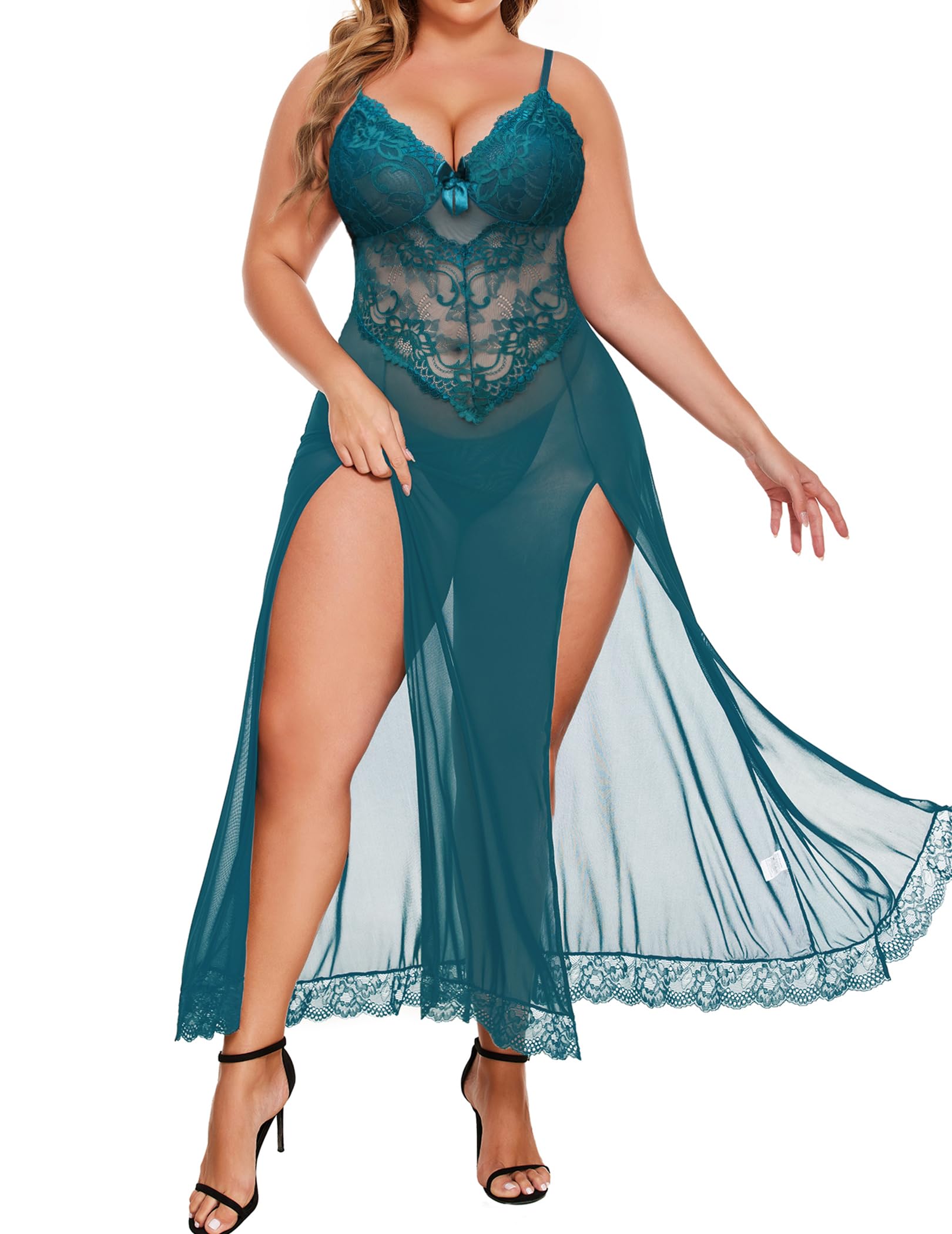 Plus Size Lingerie For Women Babydoll Sexy Mesh Maxi Nightdress Exotic Sleepwear Side Slits