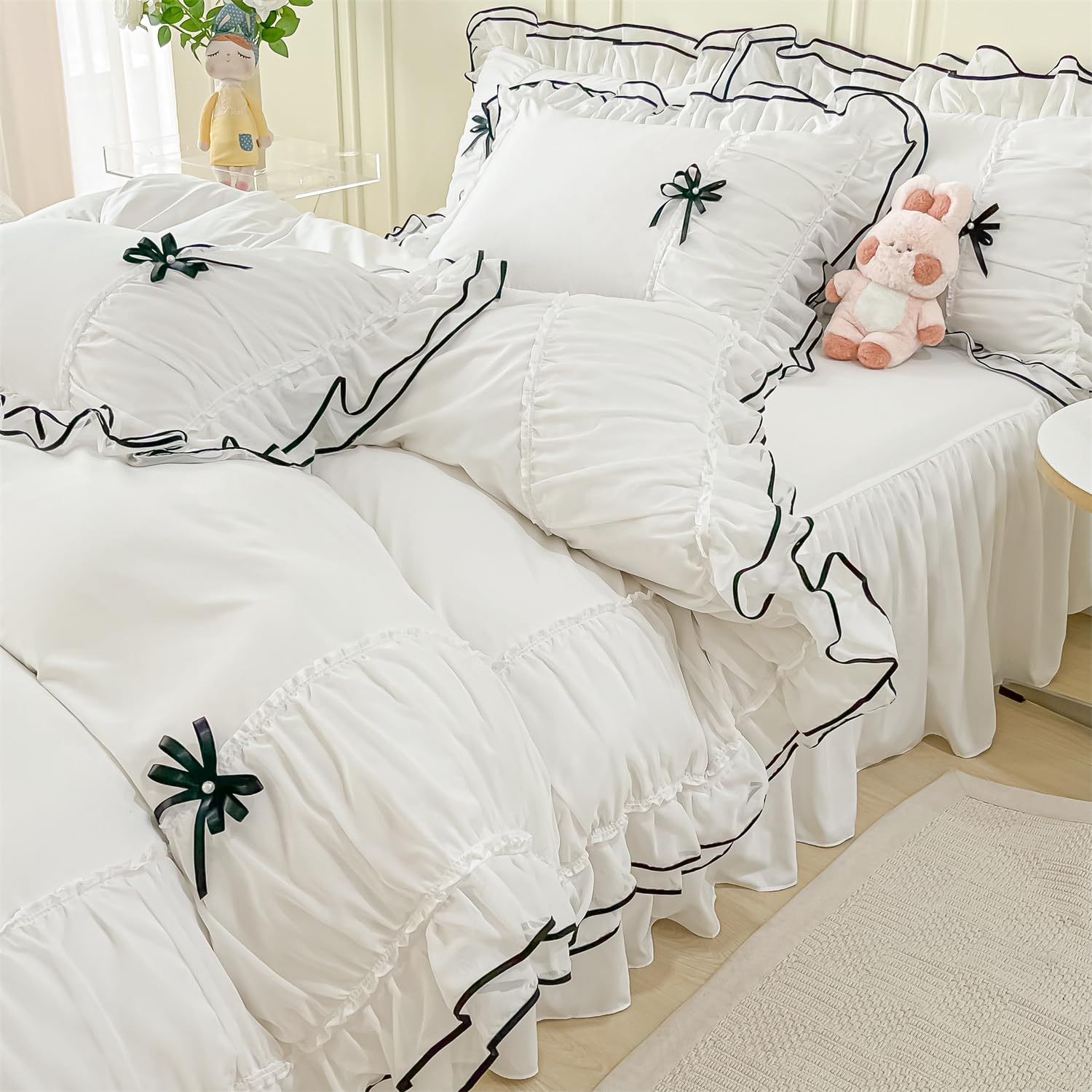 Duvet Cover Ruffle Beddding Set with Bowtie - 3 Pieces Comforter Cover Set with Zipper Closure & Pillowcase - Comforter Not Included