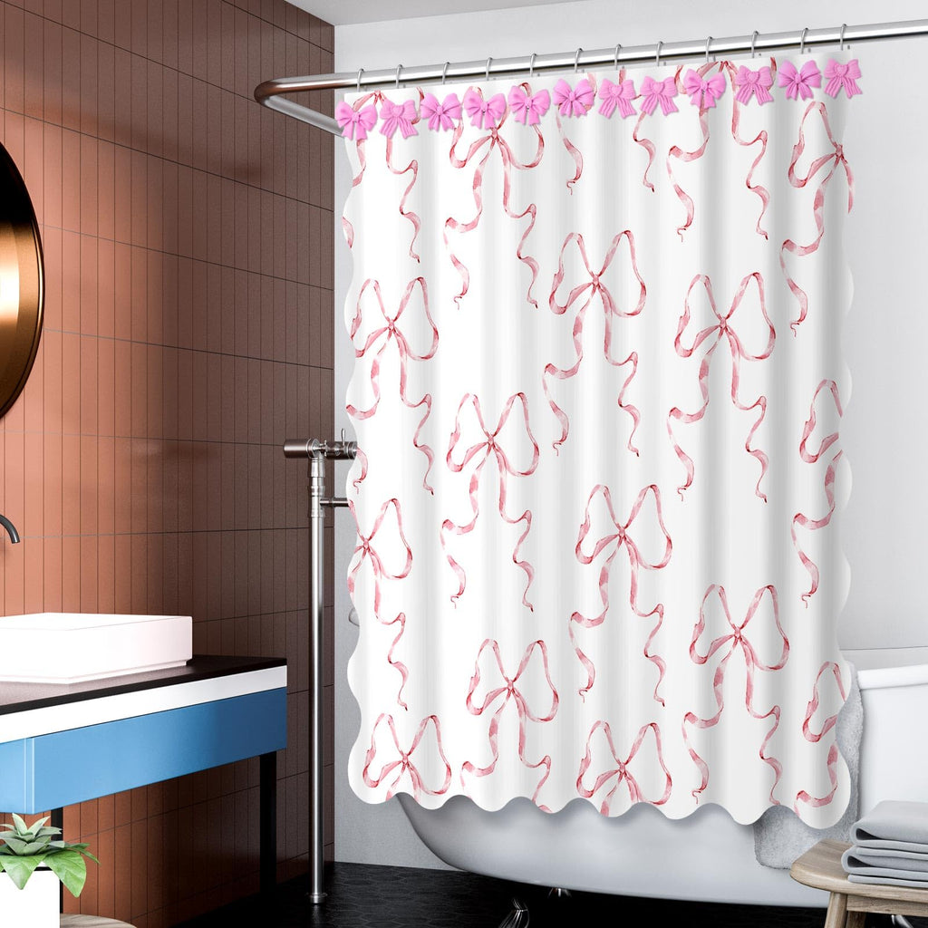 Pink Bow Shower Curtain Set, 72" W x 72" H Cute Coquette Shower Curtain with 12 Pink Bow Tie Bath Hooks
