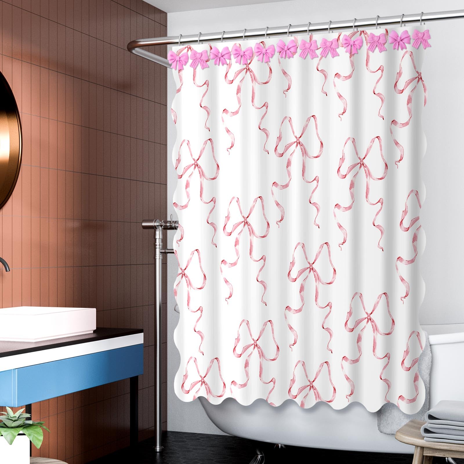 Pink Bow Shower Curtain Set, 72" W x 72" H Cute Coquette Shower Curtain with 12 Pink Bow Tie Bath Hooks