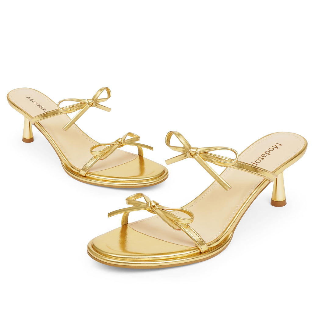 Two Strap Bow Tie Kitten Heel Sandals for Women Rounded Open Toe