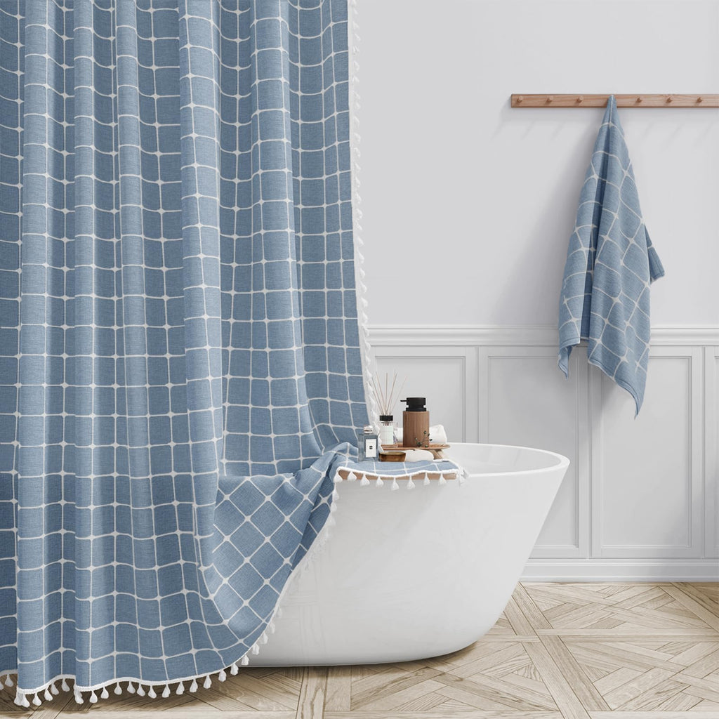 Vintage Boho Shower Curtain - Linen Rustic Heavy Duty Fabric with Tassel, Water Repellent