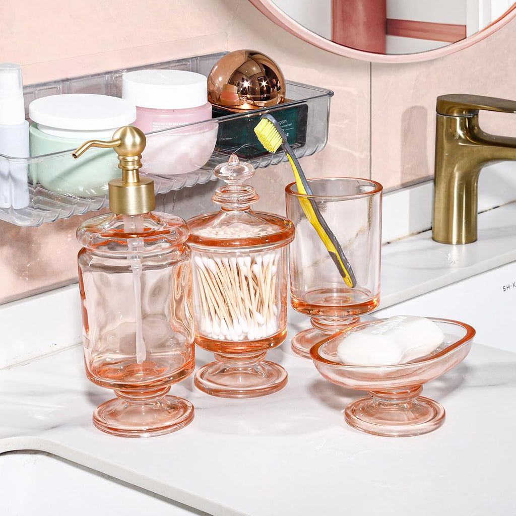 Pink Bathroom Accessories Set Glass Bow Decor 4Pcs, Lotion Soap Dispenser & Soap Dish & Toothbrush Holder & Cotton Swab Jar