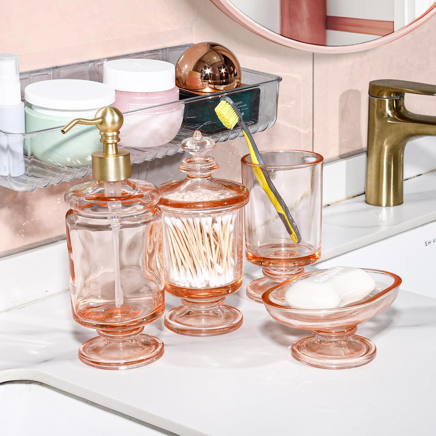 Pink Bathroom Accessories Set Glass Bow Decor 4Pcs, Lotion Soap Dispenser & Soap Dish & Toothbrush Holder & Cotton Swab Jar