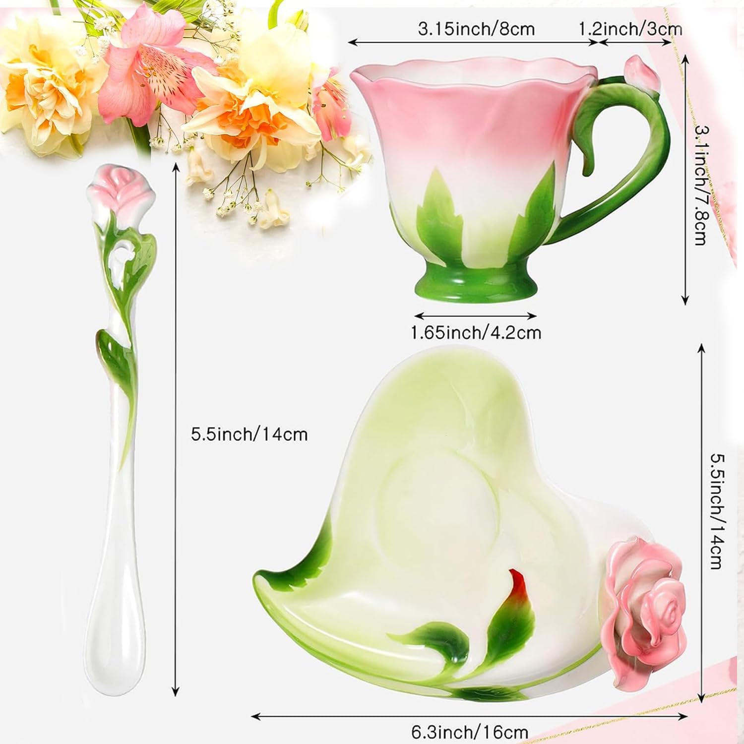 Rose Tea Cup and Saucer -  Set for 1 Ceramic Hand Crafted Rose Flower Cup, 6 Oz
