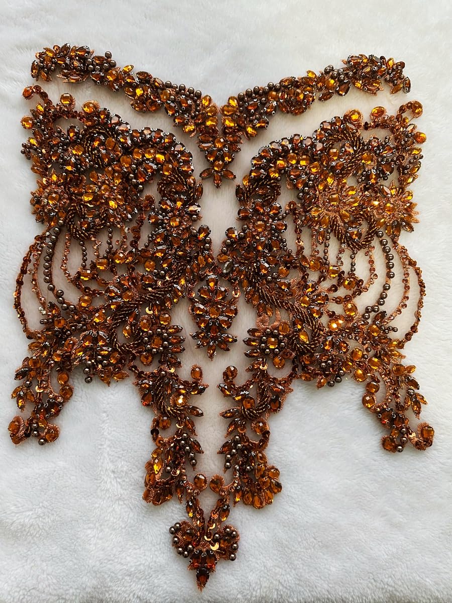 Handmade red/Blue/Gold/Green Rhinestones lace Bodice Applique Sewing Beads Crystal Trim Patches Accessory for Dress Clothes (Rose red)