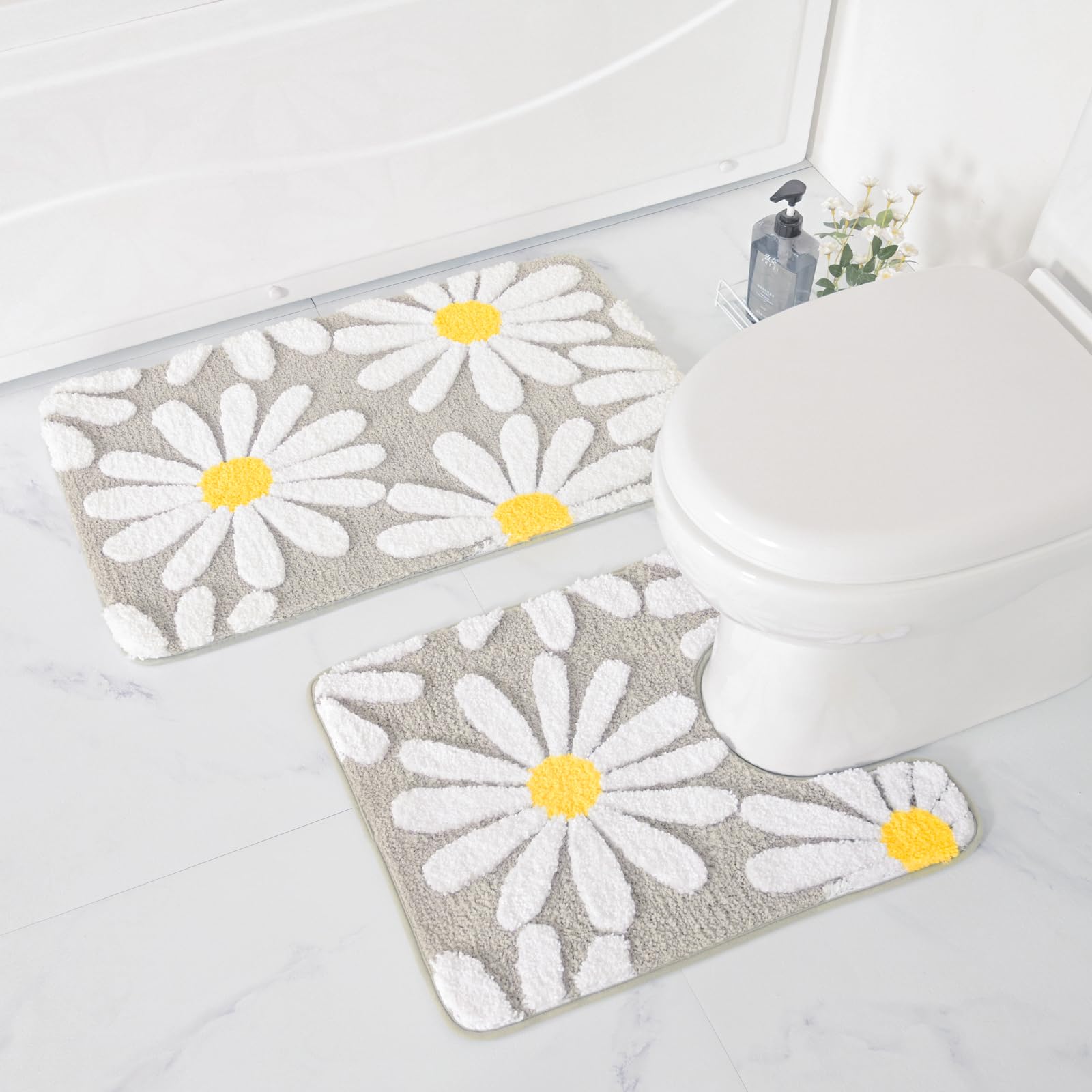 U Shaped Toilet Mat Cute Daisy Contour Bath Rug 20"x20", Extra Thick Soft Machine Washable Toilet Carpet, Non Slip Bathroom Floor Mats Super Absorbent Microfiber Bath Rugs