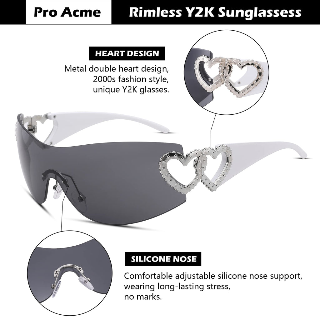 Wrap Around Heart Rhinestones Rimless Sunglasses Women Men, Oversized Fashion Futuristic Sun Glasses Cool Shade 2000S Trendy