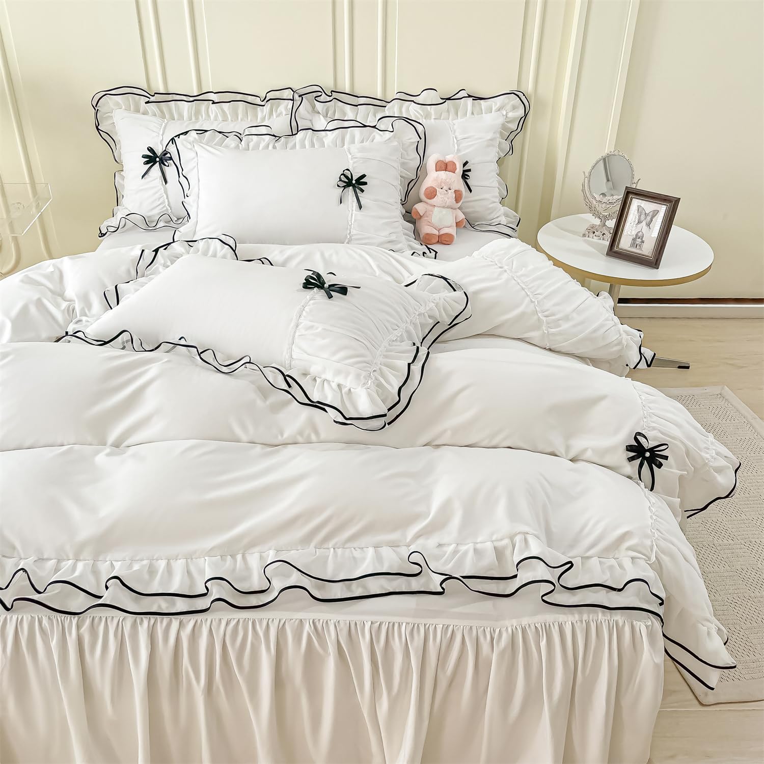 Duvet Cover Ruffle Beddding Set with Bowtie - 3 Pieces Comforter Cover Set with Zipper Closure & Pillowcase - Comforter Not Included