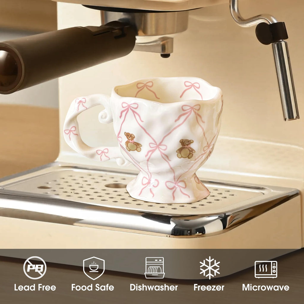 Handmade Kawaii Ceramic Mug with Pink Bow and Cute Bear â€?14 oz Novelty Cup