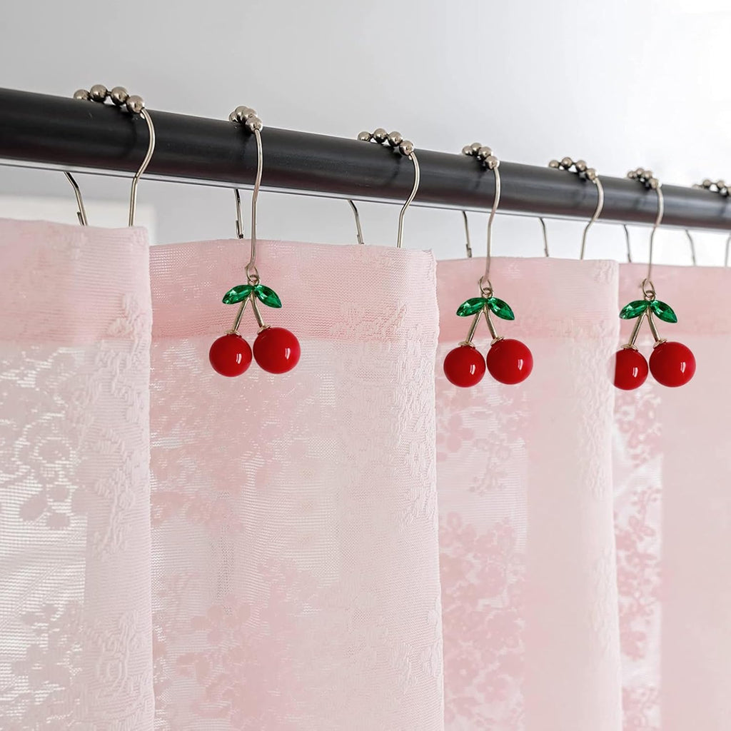 Cherry Bathroom Decor Curtain Hooks Rings for Bathroom Shower Rod (12pcs) - Rust Proof Metal Stainless Steel Curtain Ring Red Cherry Pendant Decoration