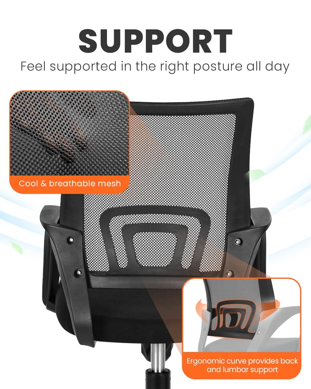 Office Desk Computer Chair Ergonomic Mesh Gaming Mid Back Seat with Comfy Lumbar Support Adjustable Height Swivel