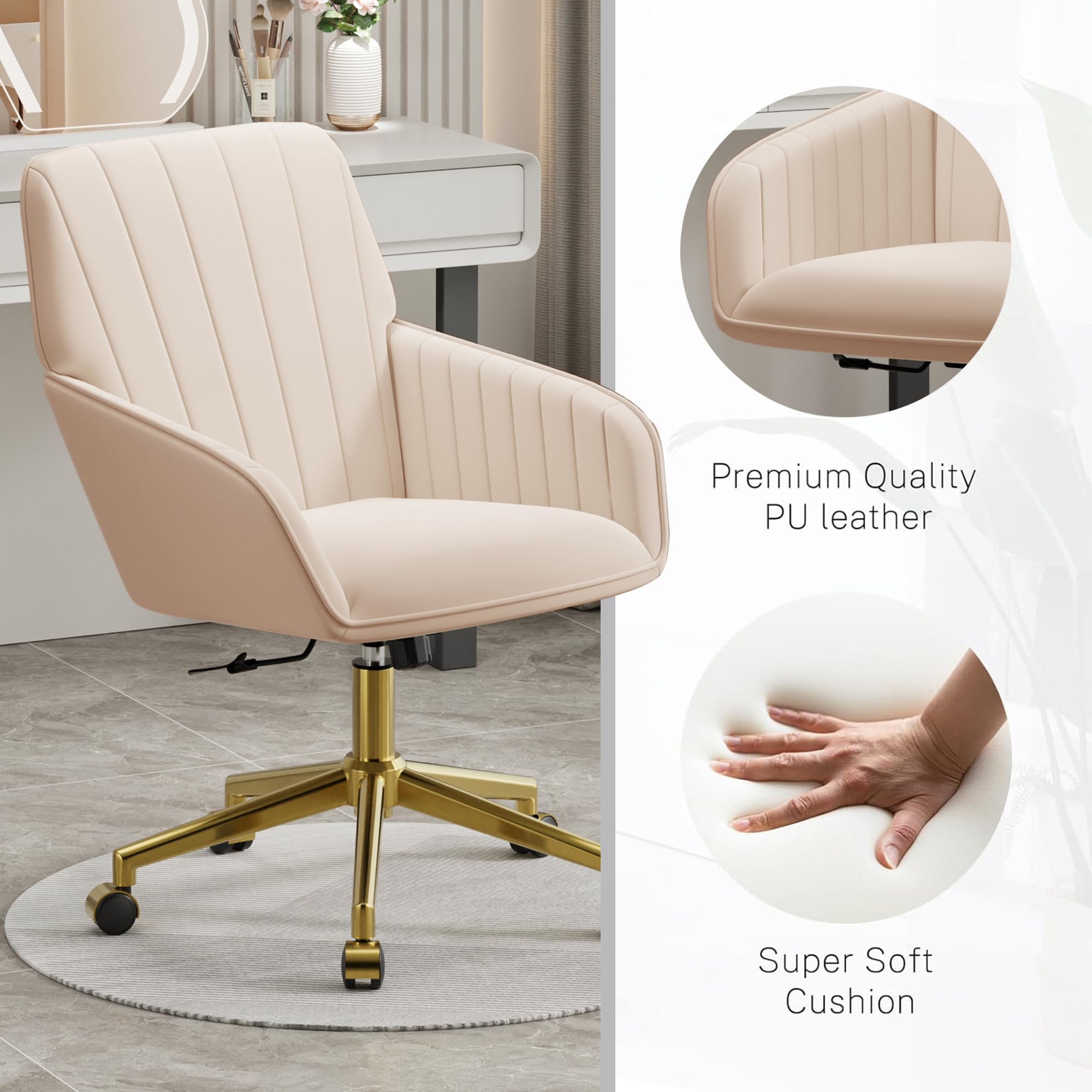 Velvet Modern Cute Chair with Back, Height Adjustable Upholstered Vanity Chair with Swivel Wheels
