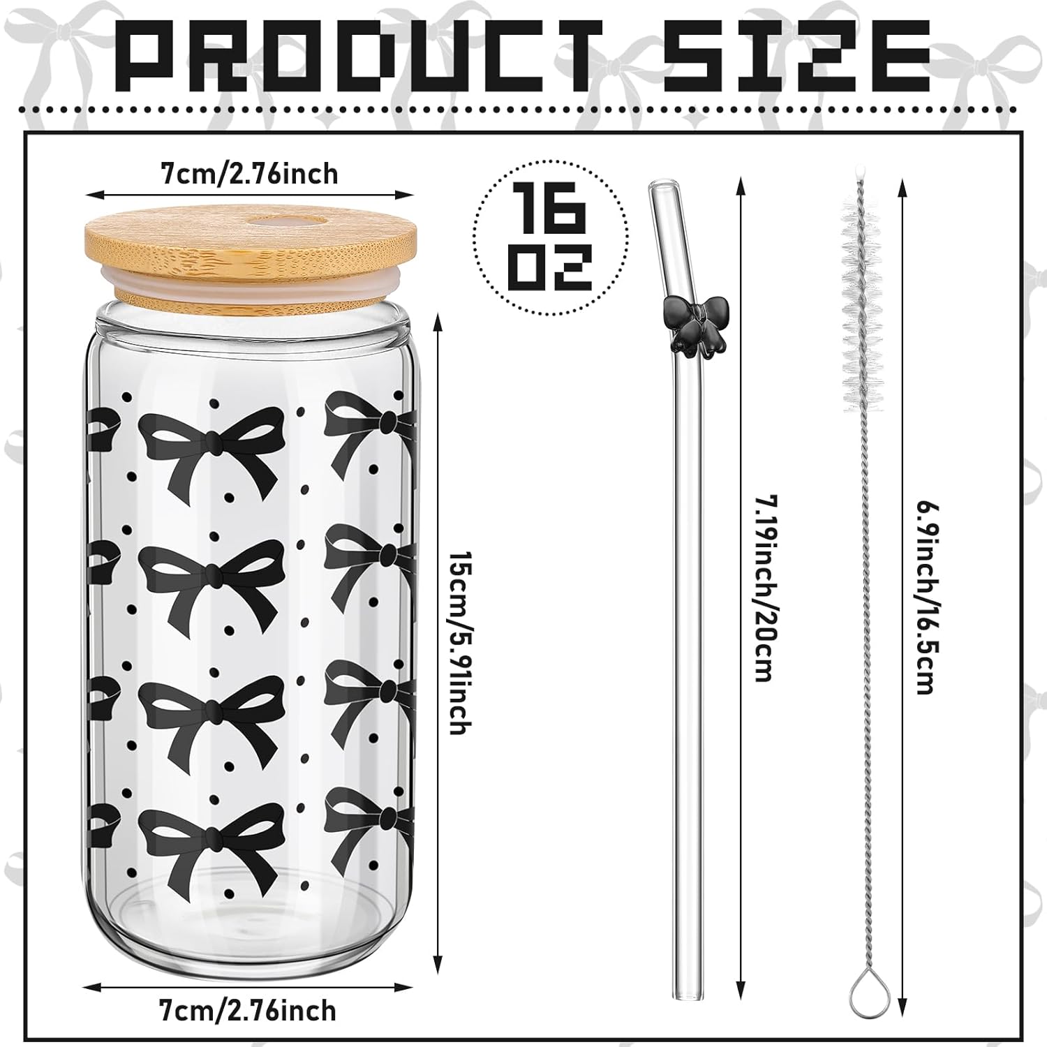 Coquette 4 Set Black Bow Aesthetic Glass Cups with Bamboo Lids and Straws 16 oz