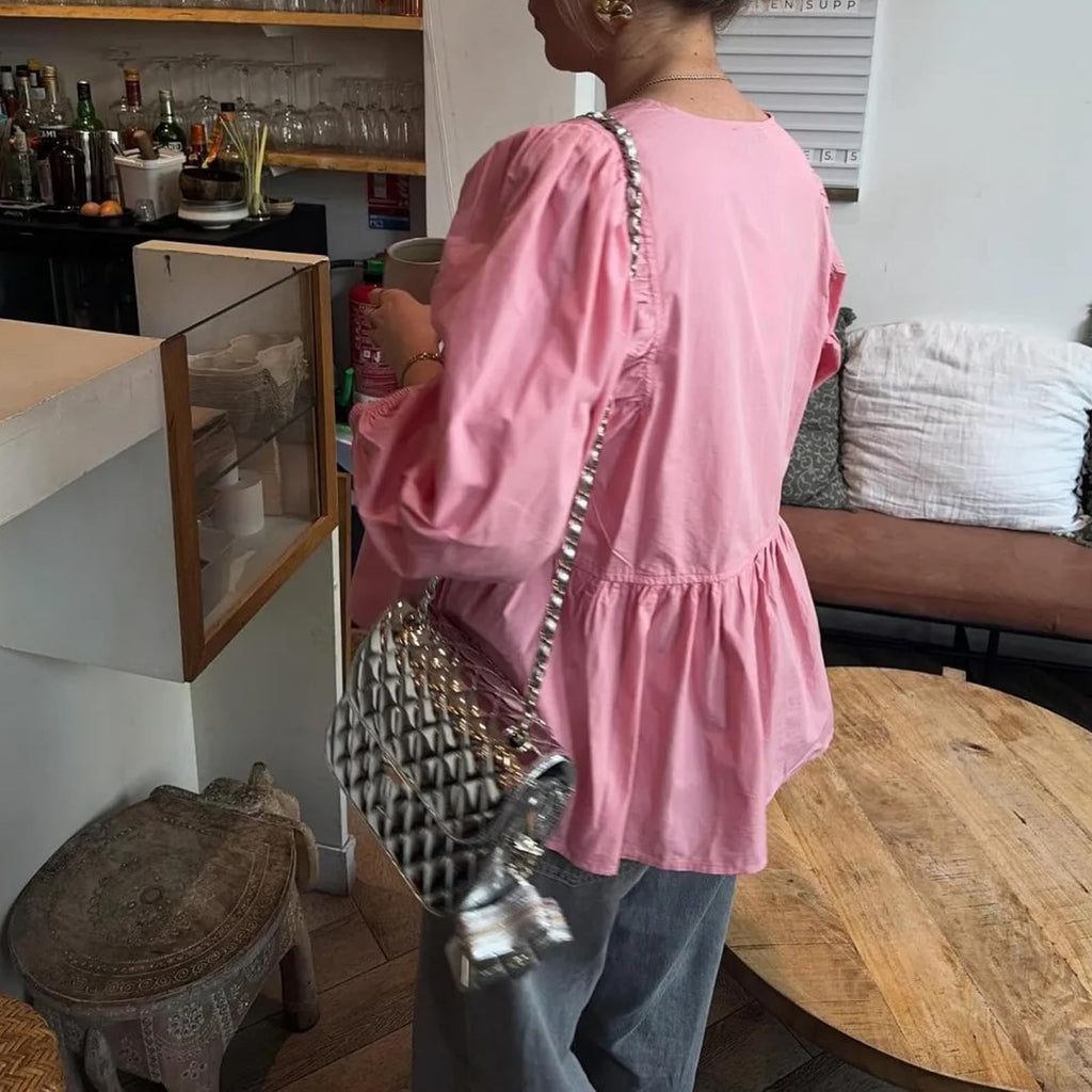 Tie Front Tops Womens Y2k Print Peplum Babydoll Top 3/4 Length Puff Sleeve Coquette Cute Going Out Tops