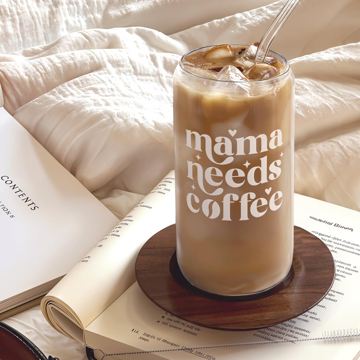 Glass Cup with Lid & Straw, Iced Coffee Aesthetic Glass Can, 16oz