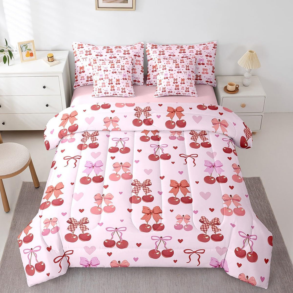 Princess Style Pink Bowknot Comforter Bedding Set, Bow Tie Pink White Dreamy Fairy Tale Bow (Comforter+Fitted+Flat Sheet+2 Pillowcases+2 Throw Pillow Covers) 7 Pieces Bed Set