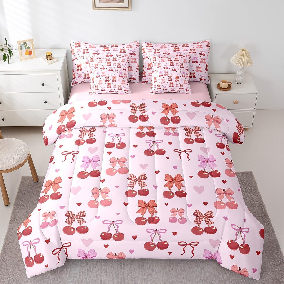 Princess Style Pink Bowknot Comforter Bedding Set, Bow Tie Pink White Dreamy Fairy Tale Bow (Comforter+Fitted+Flat Sheet+2 Pillowcases+2 Throw Pillow Covers) 7 Pieces Bed Set