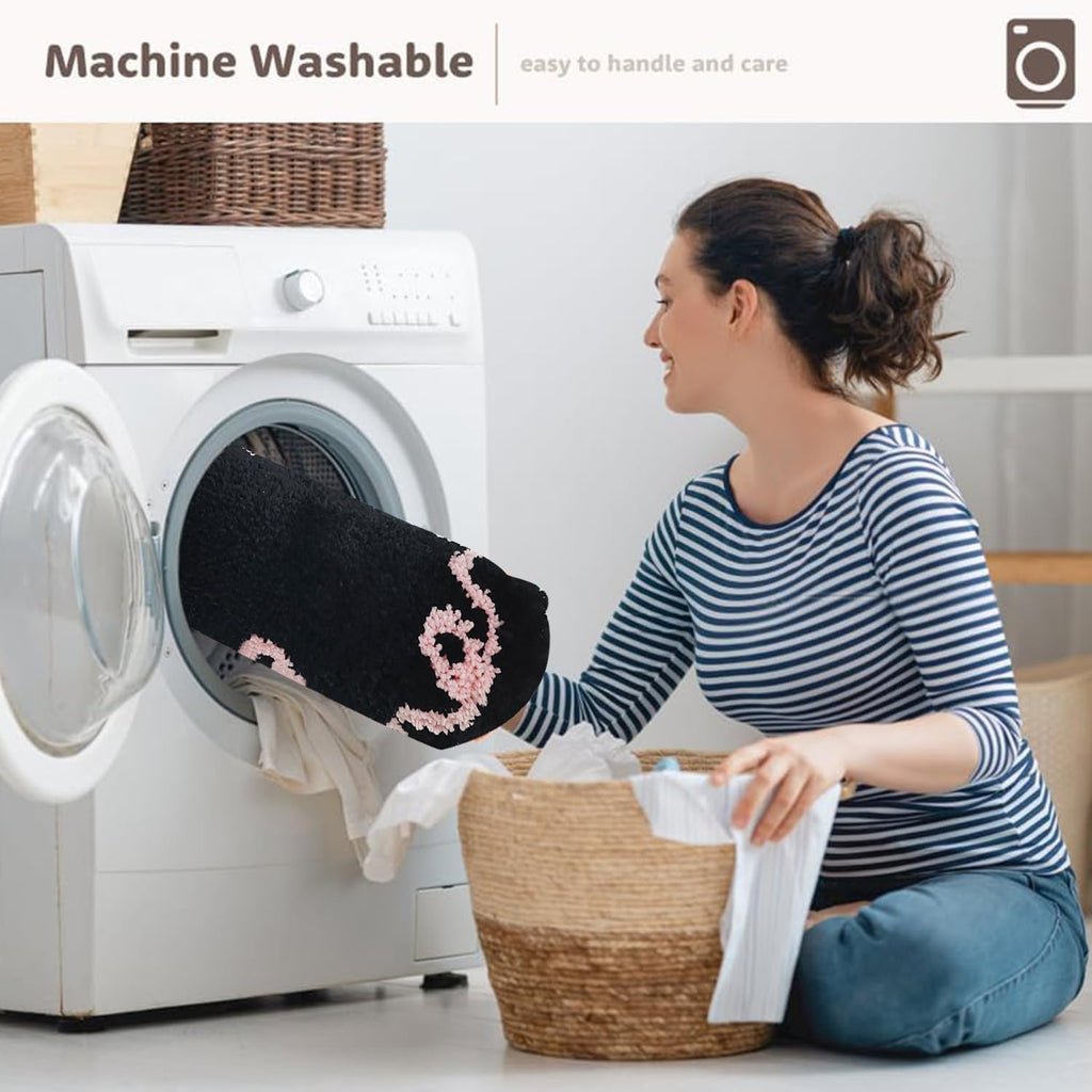 Coquette Black Pink Bow Mat Non Slip Heart Shaped Bow Rug Cute Girly Carpet Room Decor Microfiber Absorbent Bath