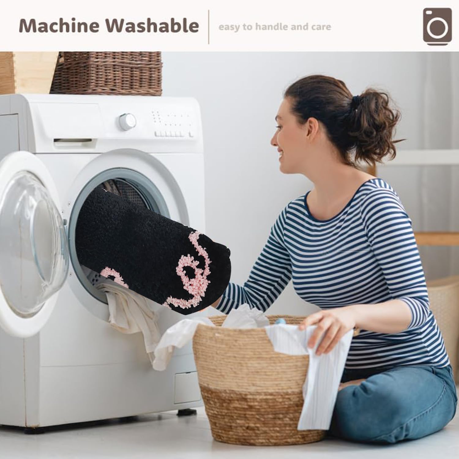 Coquette Black Pink Bow Mat Non Slip Heart Shaped Bow Rug Cute Girly Carpet Room Decor Microfiber Absorbent Bath