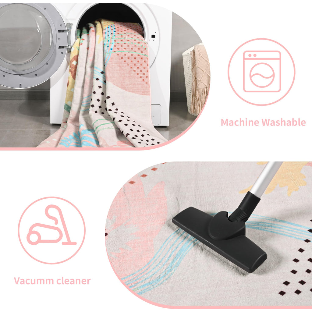 Faux Wool Boho Floral Area Rug Abstract Print Soft Carpet, TPR Non-Slip Backing, Machine Washable Low Pile Rug