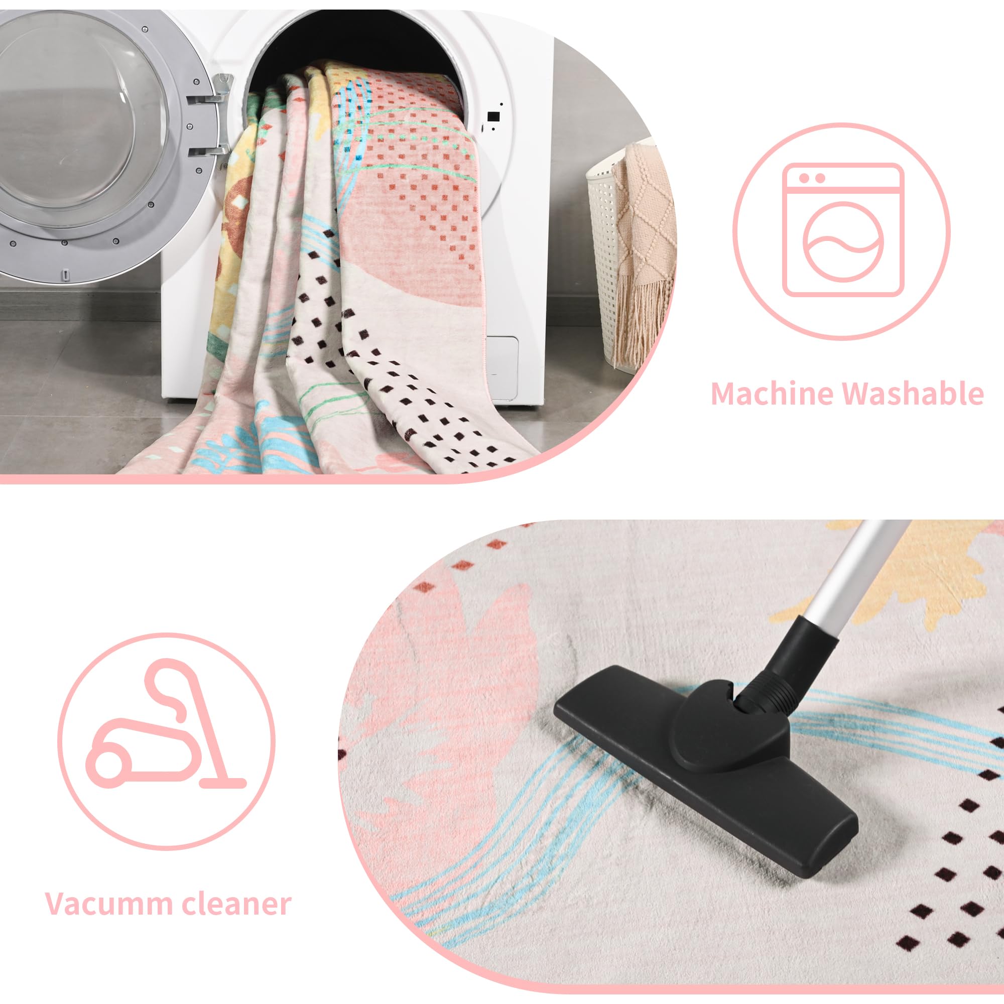 Faux Wool Boho Floral Area Rug Abstract Print Soft Carpet, TPR Non-Slip Backing, Machine Washable Low Pile Rug